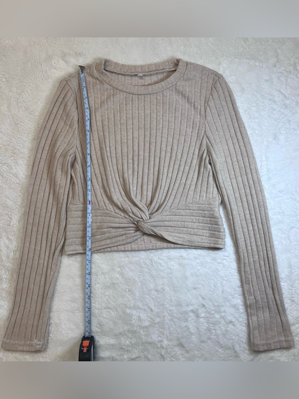 Ribbed Twist-Front Long Sleeve Top - Beige